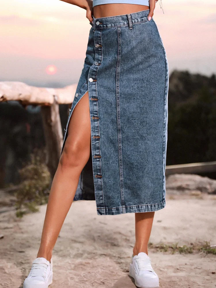 Streetwear Button Denim Skirt Bodycon Long Skirt