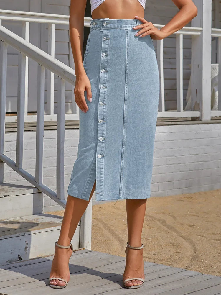 Streetwear Button Denim Skirt Bodycon Long Skirt