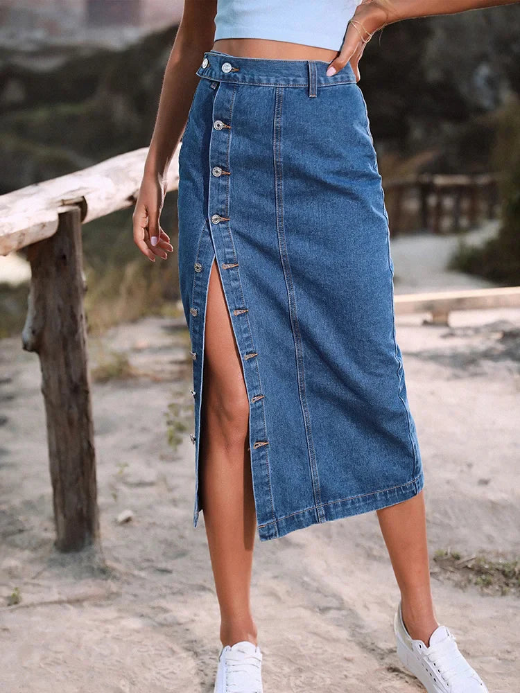 Streetwear Button Denim Skirt Bodycon Long Skirt