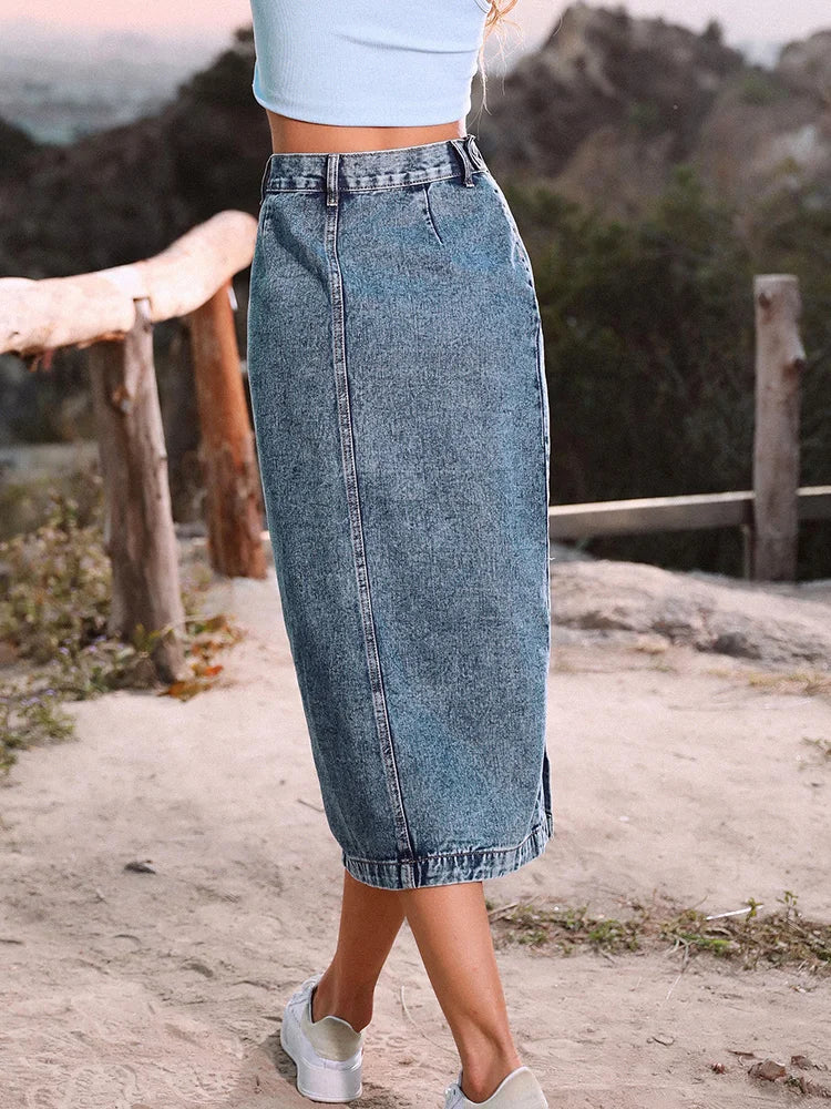 Streetwear Button Denim Skirt Bodycon Long Skirt