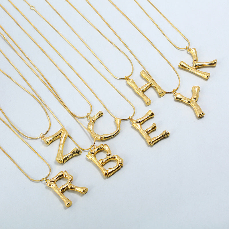 Big Metal Bamboo Pattern Alphabet Necklaces