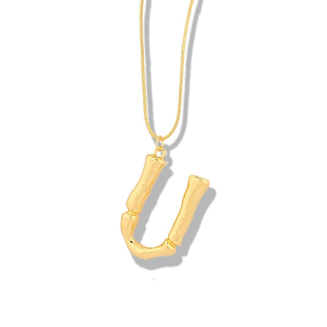 Big Metal Bamboo Pattern Alphabet Necklaces