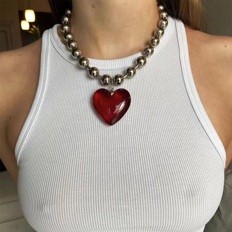 Big Resin Heart Pendant Choker Necklaces - 5 Colors