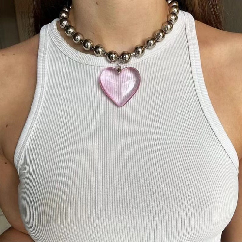 Big Resin Heart Pendant Choker Necklaces - 5 Colors
