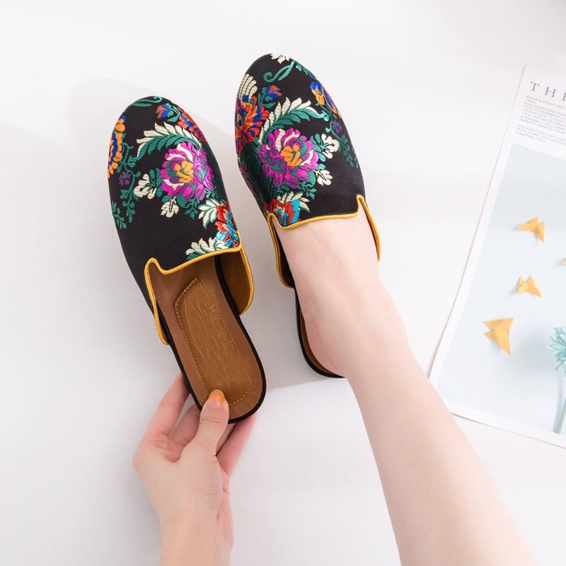 Bijou Silk Embroidery Mule Slippers - 4 Colors