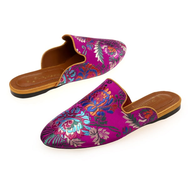 Bijou Silk Embroidery Mule Slippers - 4 Colors
