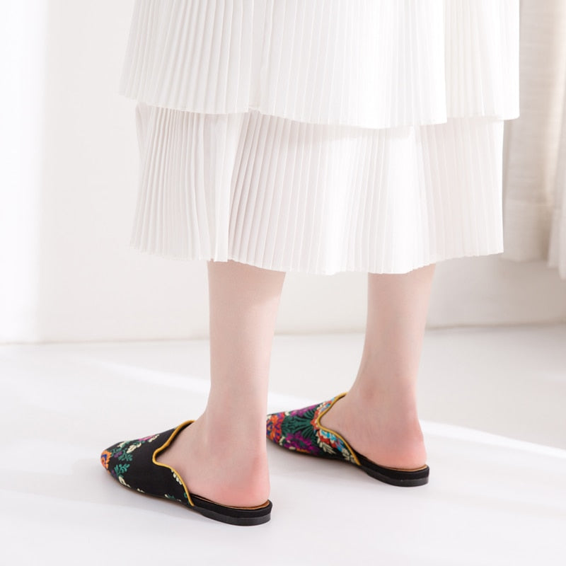 Bijou Silk Embroidery Mule Slippers - 4 Colors