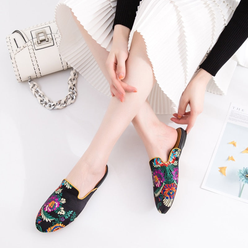 Bijou Silk Embroidery Mule Slippers - 4 Colors