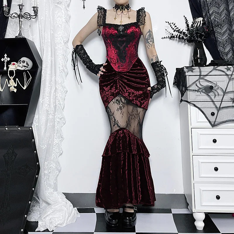 Black Fairy Grunge Gothic Velvet Lace Stitching Fall Fishtail Skirt