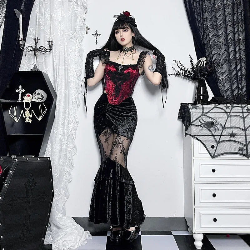 Black Fairy Grunge Gothic Velvet Lace Stitching Fall Fishtail Skirt
