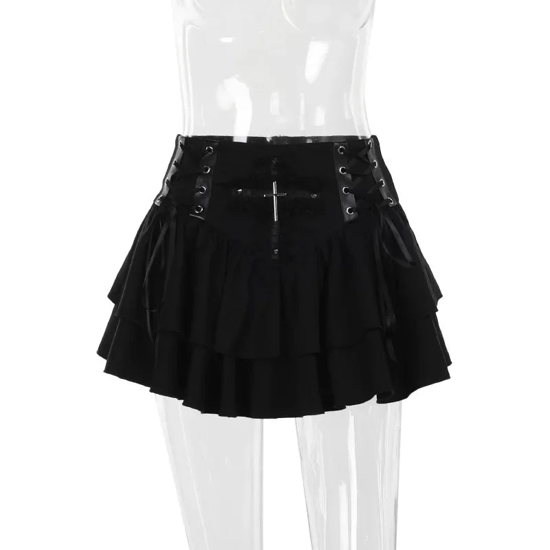 Black Lace Trim Cross Lace-up Mini Vintage A-Line Layered Short Summer Autumn Skirt