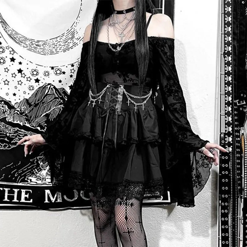 Black Mini Gothic Cute Drawstring Folds High Waist Irregular Ruffle Patchwork Fairycore Skirt