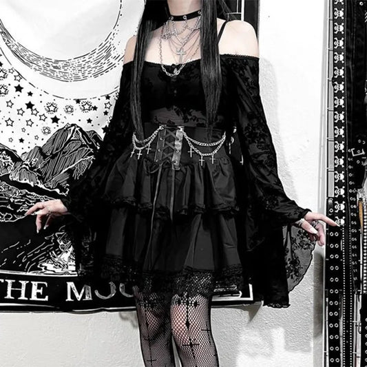 Black Mini Gothic Cute Drawstring Folds High Waist Irregular Ruffle Patchwork Fairycore Skirt
