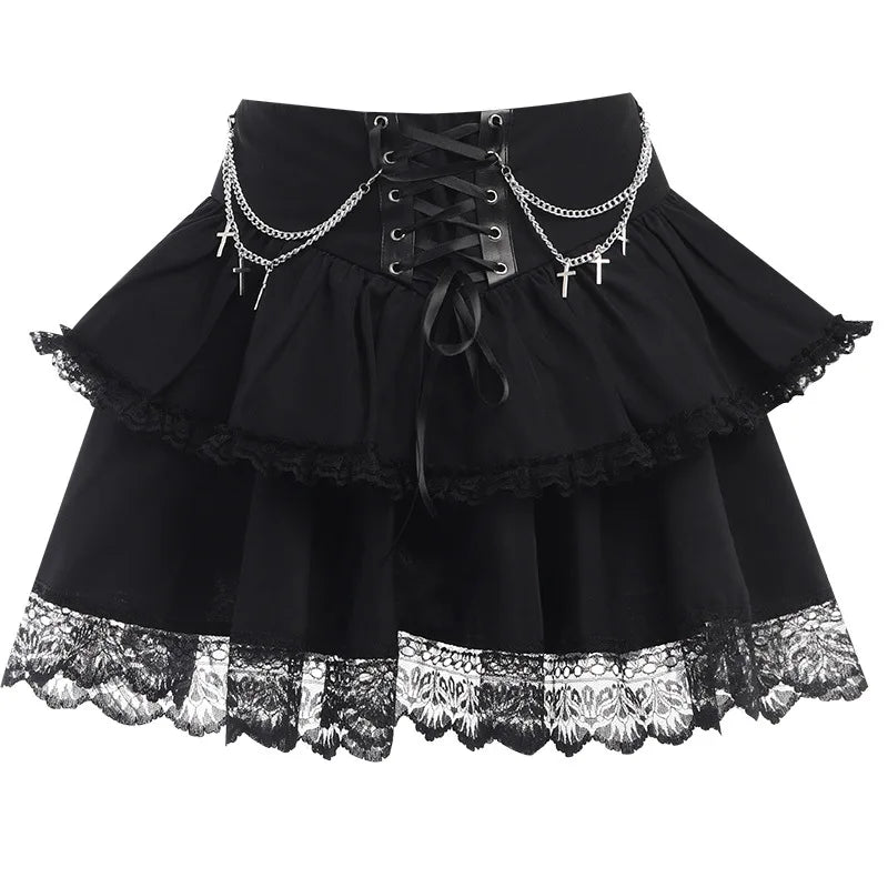Black Mini Gothic Cute Drawstring Folds High Waist Irregular Ruffle Patchwork Fairycore Skirt