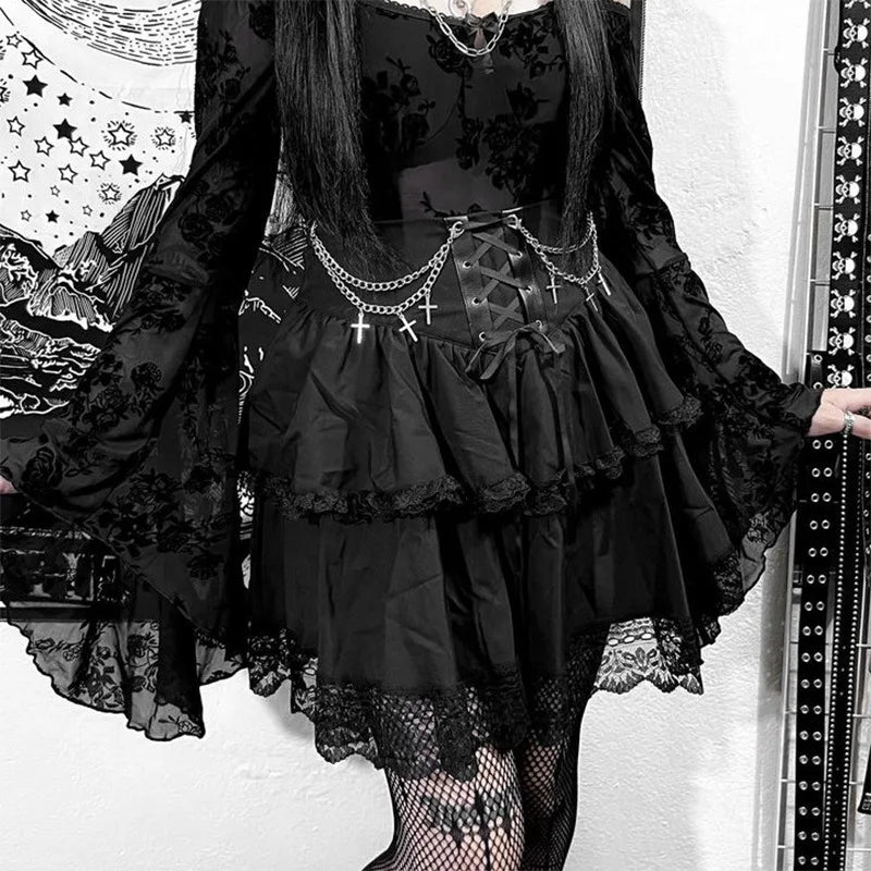 Black Mini Gothic Cute Drawstring Folds High Waist Irregular Ruffle Patchwork Fairycore Skirt