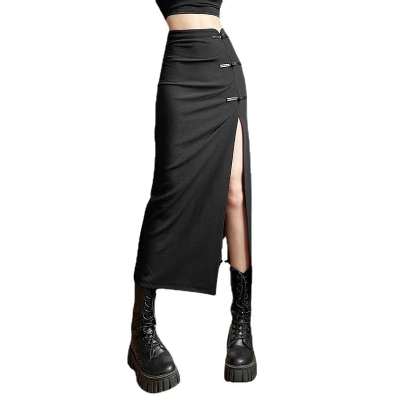 Black A-line Slits High Waist Slim Hip-covering Solid Mid-length Long Streetwear Skirt