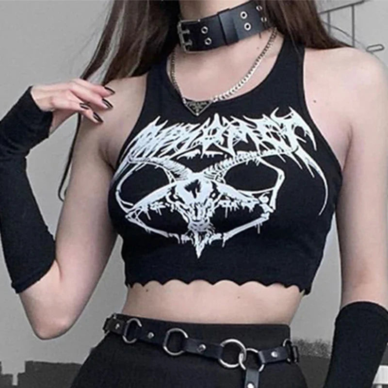 Black Knitted Grunge Punk Goth Goat Head Print Summer Sleeveless O-neck Crop Top
