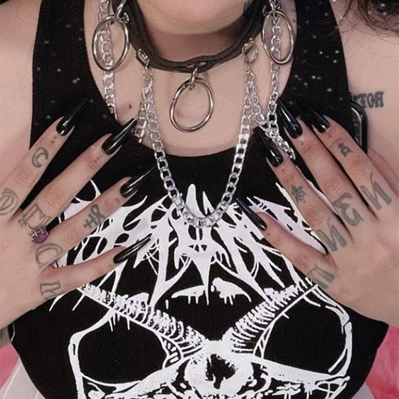 Black Knitted Grunge Punk Goth Goat Head Print Summer Sleeveless O-neck Crop Top