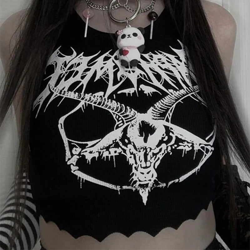 Black Knitted Grunge Punk Goth Goat Head Print Summer Sleeveless O-neck Crop Top