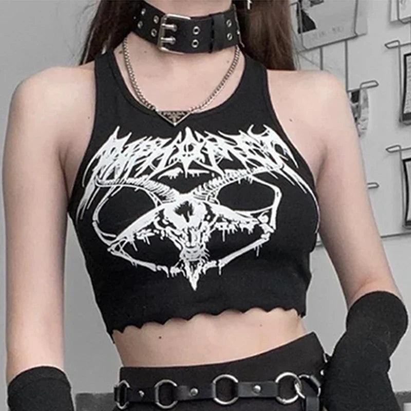 Black Knitted Grunge Punk Goth Goat Head Print Summer Sleeveless O-neck Crop Top