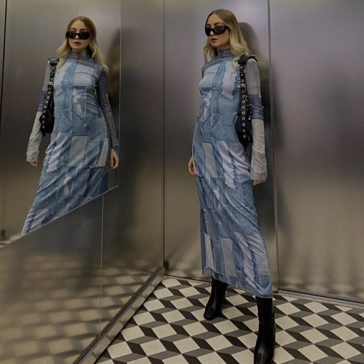 Blake Denim Patchwork Prints Maxi Dress