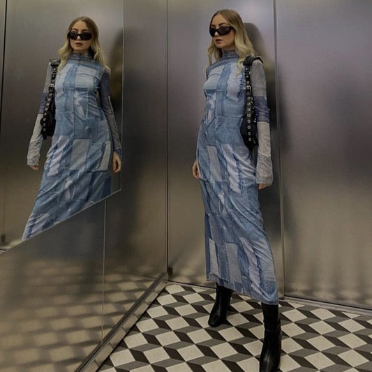 Blake Denim Patchwork Prints Maxi Dress