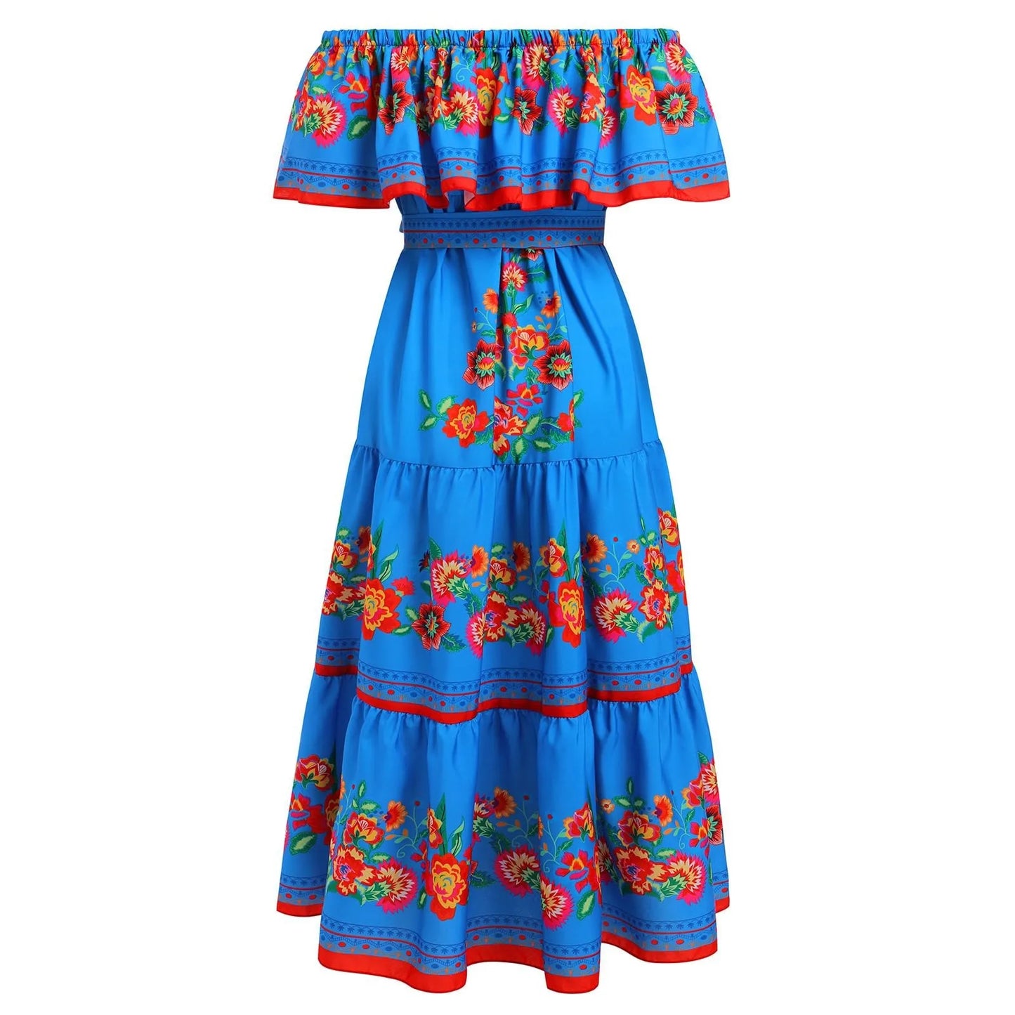 Bohemian Slash Neck Off Shoulder Flower Print Long Swing New Summer Vintage Beach Vacation Floral Dress