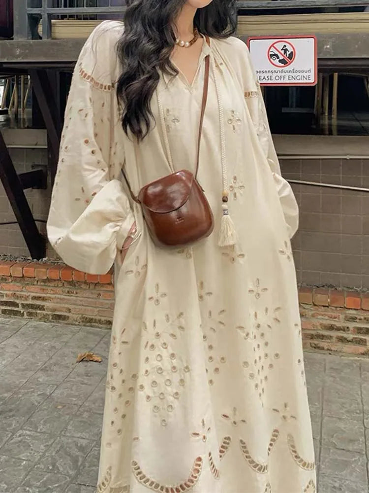 Korean Style Vintage Long Sleeve V-Neck Boho Hollow Out Maxi Dress