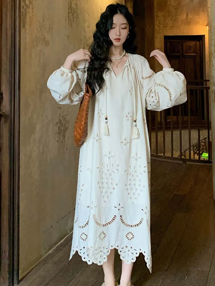 Korean Style Vintage Long Sleeve V-Neck Boho Hollow Out Maxi Dress