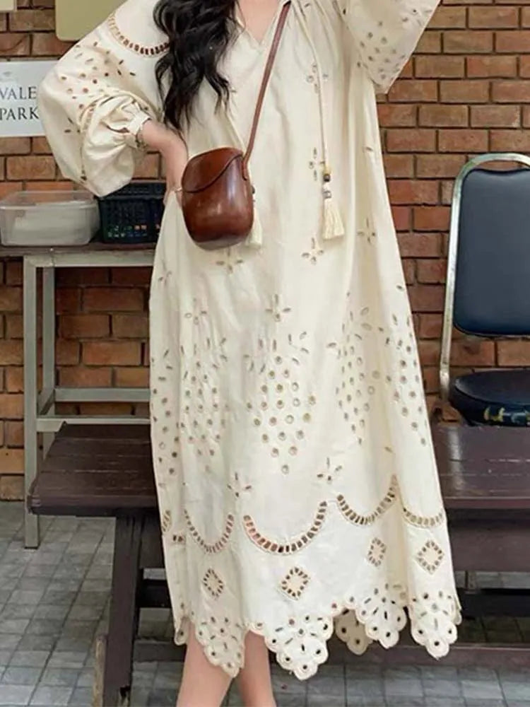 Korean Style Vintage Long Sleeve V-Neck Boho Hollow Out Maxi Dress
