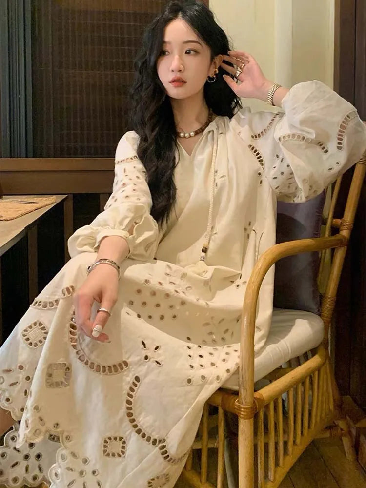 Korean Style Vintage Long Sleeve V-Neck Boho Hollow Out Maxi Dress