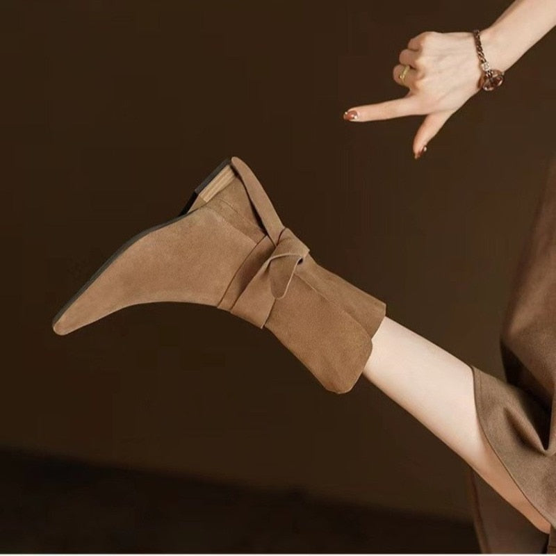 Bow Tie Slouchy Suede Ankle Boots - 2 Colors