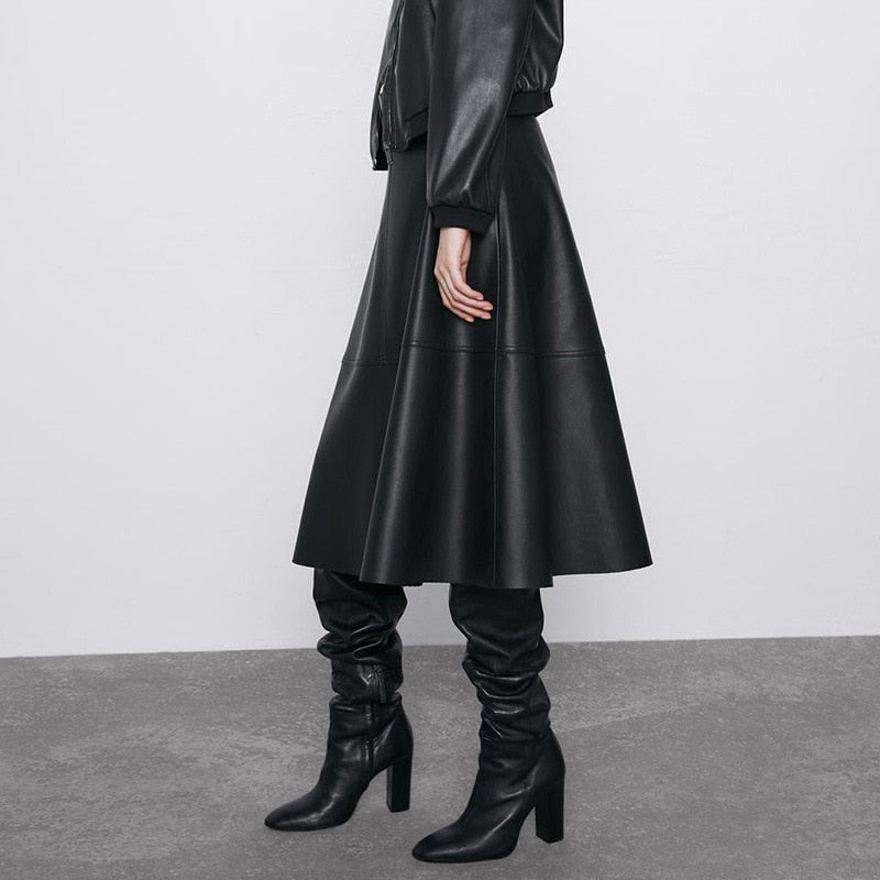 Brea Faux Leather Flare Midi Skirts