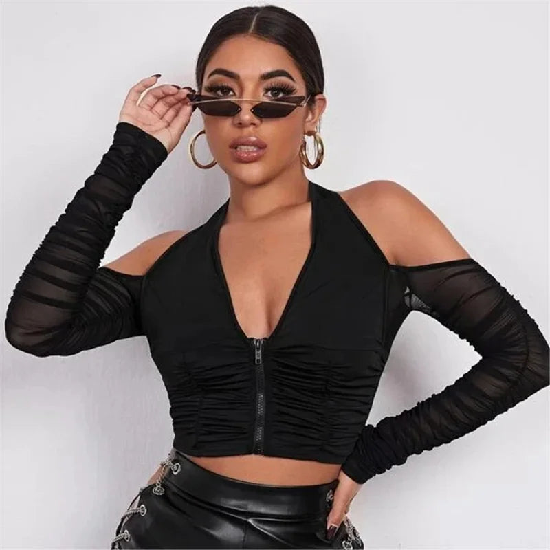 V-neck Mesh Cropped Summer See Through Long Sleeve Club T-shirts