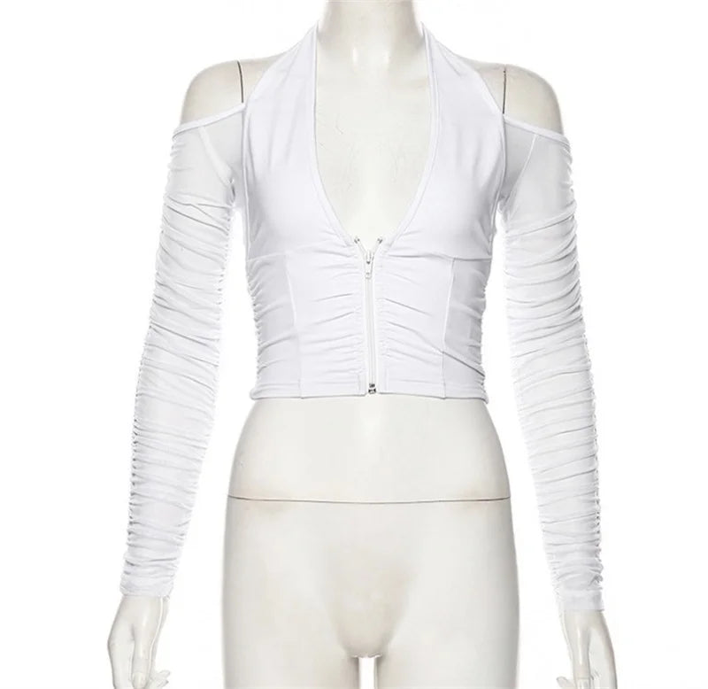 V-neck Mesh Cropped Summer See Through Long Sleeve Club T-shirts