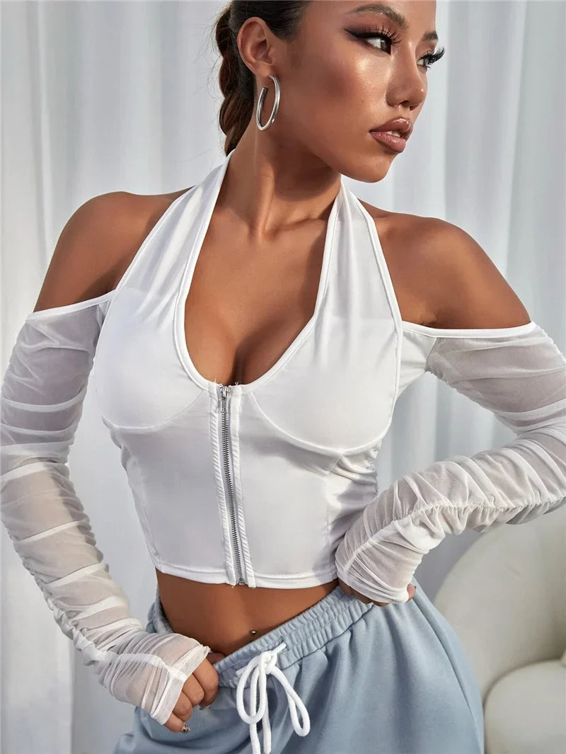 V-neck Mesh Cropped Summer See Through Long Sleeve Club T-shirts