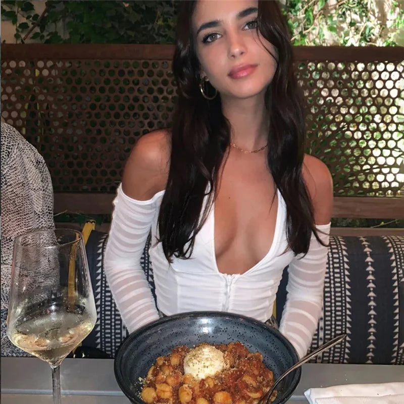 V-neck Mesh Cropped Summer See Through Long Sleeve Club T-shirts