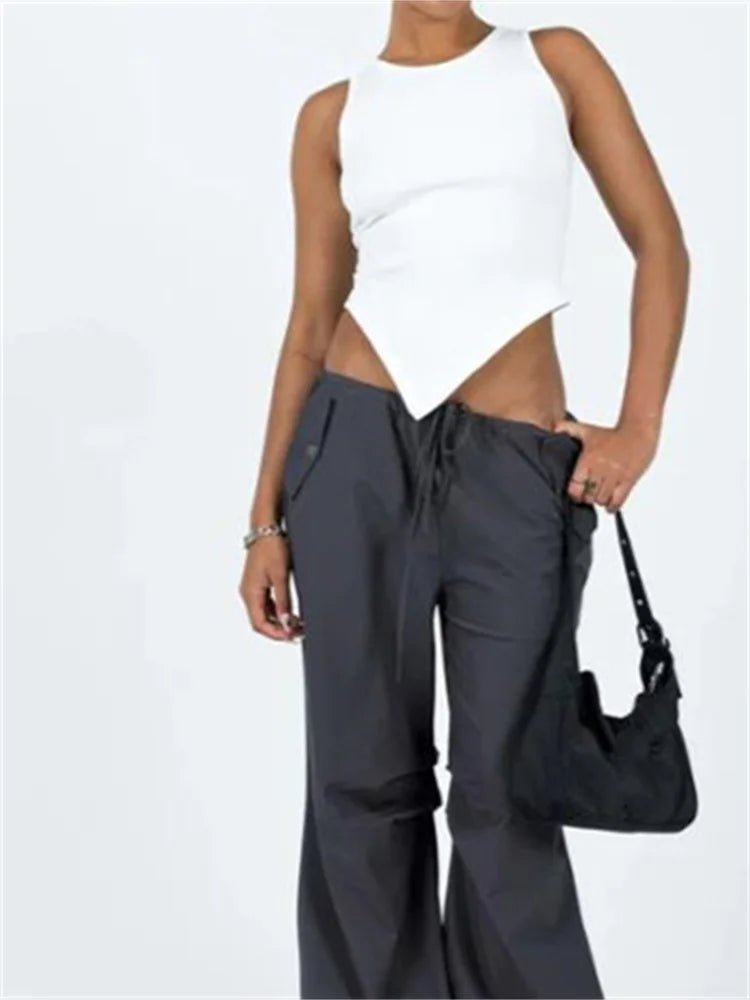 Solid Color Ribbed O-neck Slim Fit Sleeveless Irregular Hem Vest Club Streetwear Crop Top