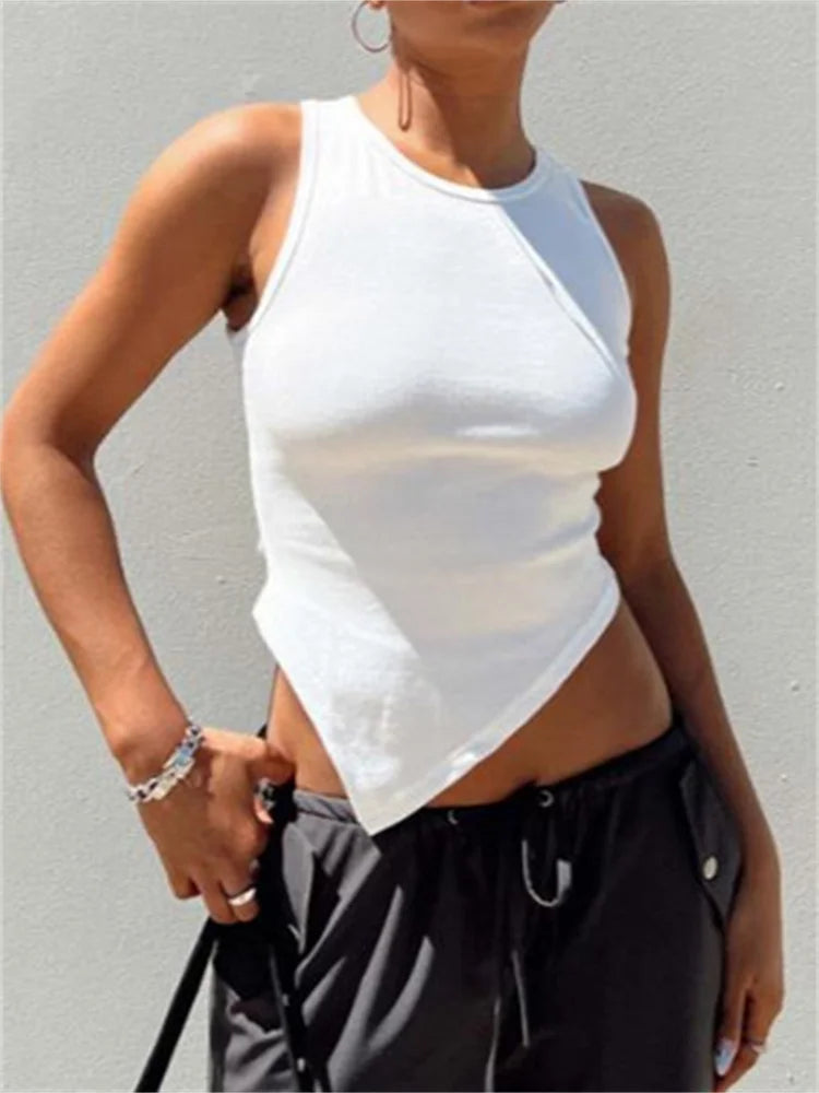 Solid Color Ribbed O-neck Slim Fit Sleeveless Irregular Hem Vest Club Streetwear Crop Top