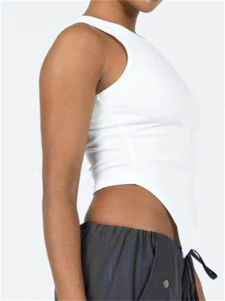 Solid Color Ribbed O-neck Slim Fit Sleeveless Irregular Hem Vest Club Streetwear Crop Top
