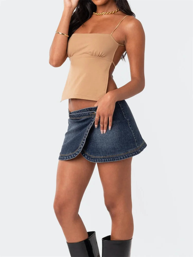 Y2K Backless Retro Tie Up Sleeveless Spaghetti Strap Summer Mini Vest Streetwear Crop Top