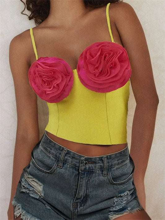 3D Flower Patchwork for Girls Sleeveless Strap V-neck Summer Streetwear Slim Fit Mini Vest Crop Top