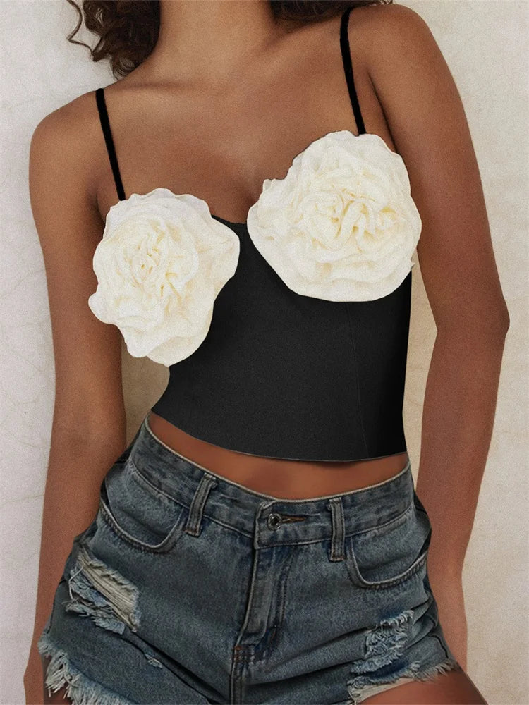 3D Flower Patchwork for Girls Sleeveless Strap V-neck Summer Streetwear Slim Fit Mini Vest Crop Top