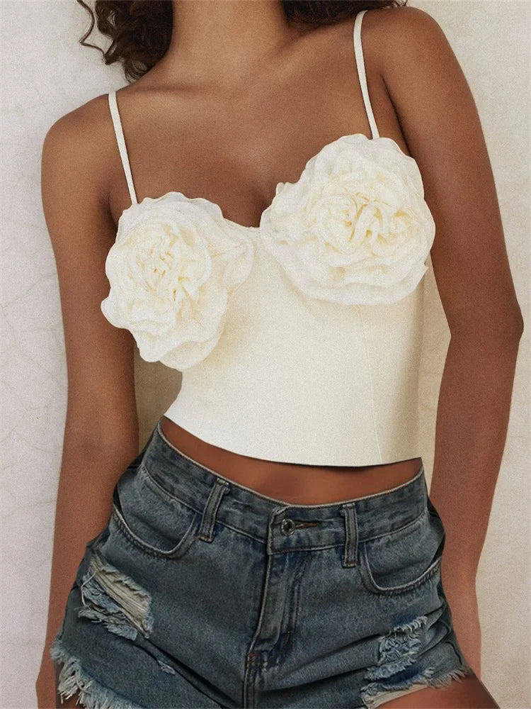 3D Flower Patchwork for Girls Sleeveless Strap V-neck Summer Streetwear Slim Fit Mini Vest Crop Top