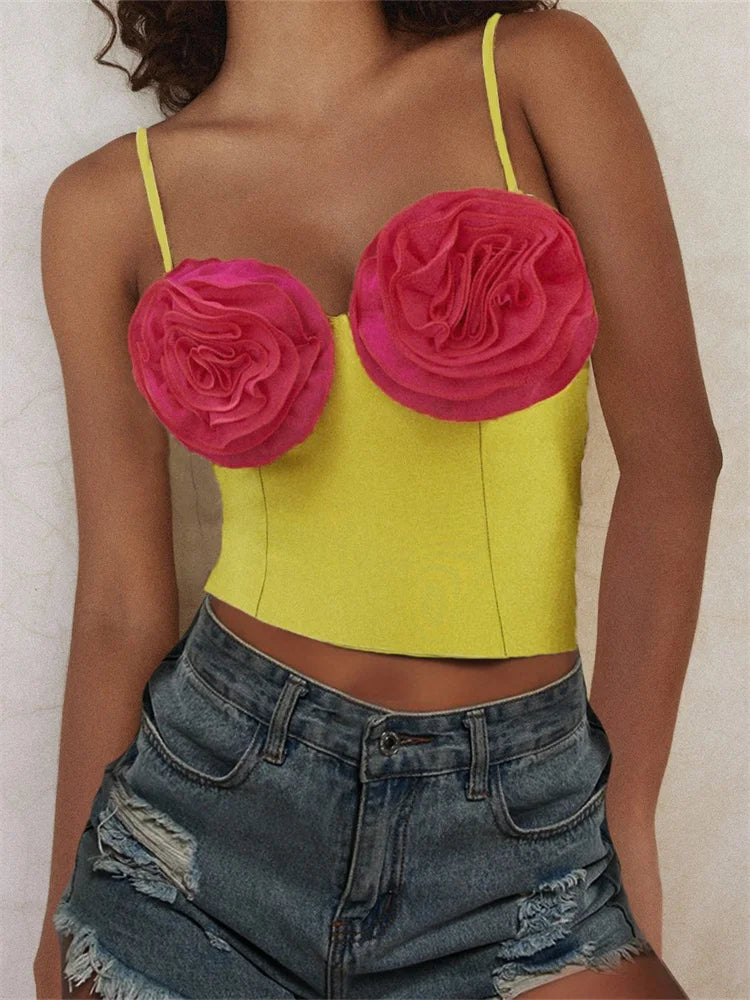 3D Flower Patchwork for Girls Sleeveless Strap V-neck Summer Streetwear Slim Fit Mini Vest Crop Top