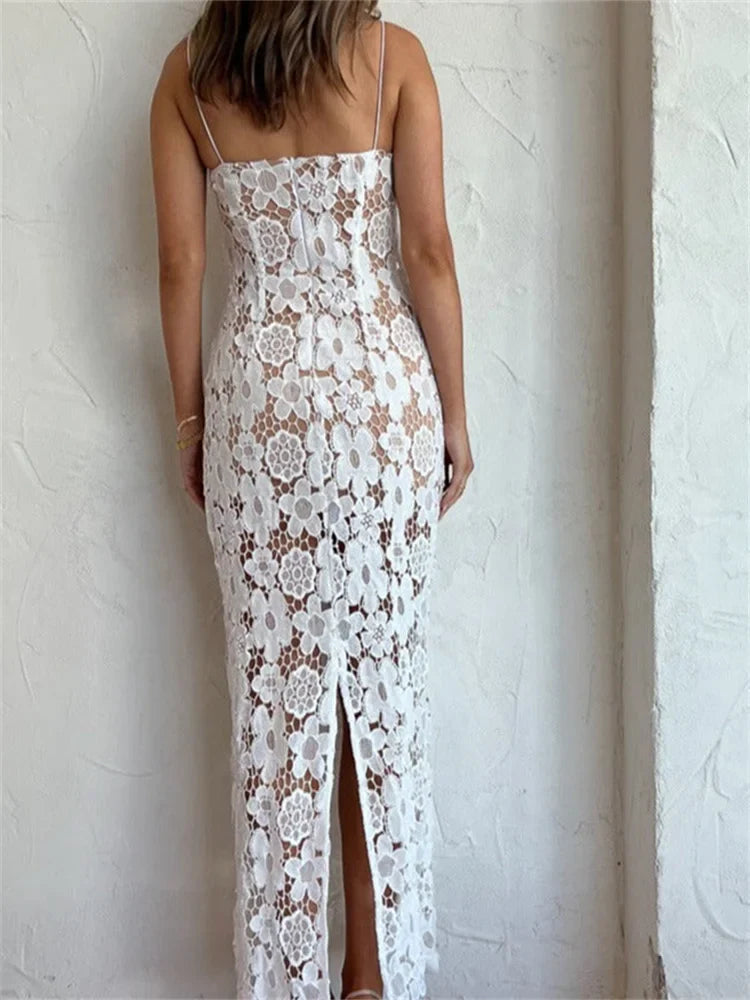 Elegant Lace Flower Hollow Out Sleeveless Maxi Dress