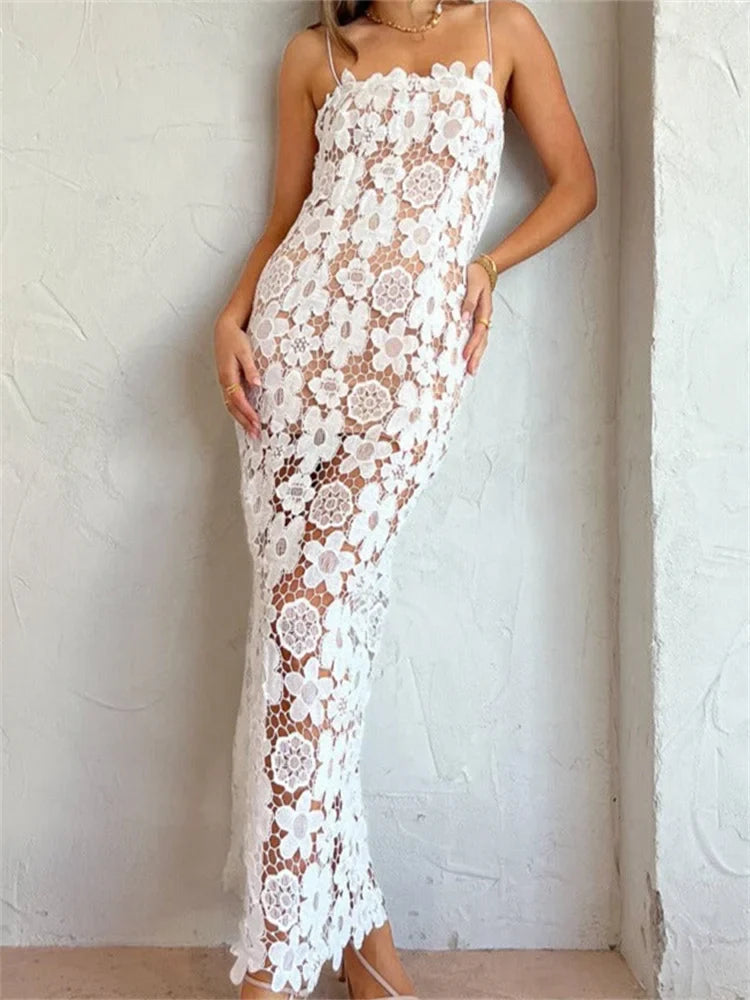 Elegant Lace Flower Hollow Out Sleeveless Maxi Dress