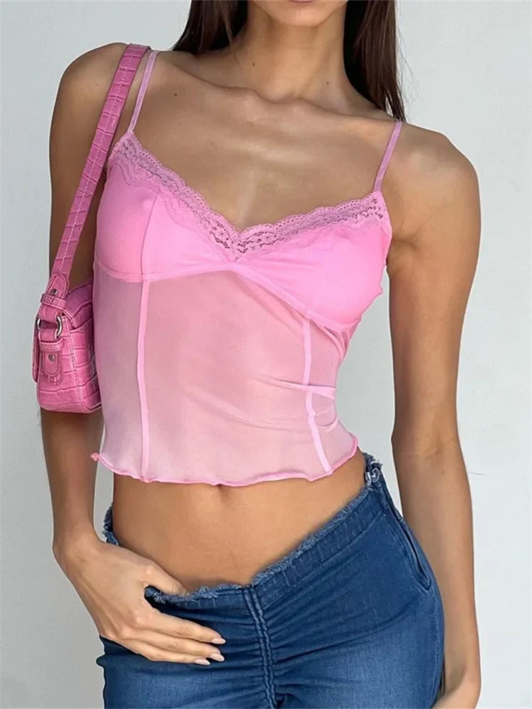 Fairy Sleeveless V-neck See-through Y2K Slim Mini Chic Aesthetics Crosets Crop Top