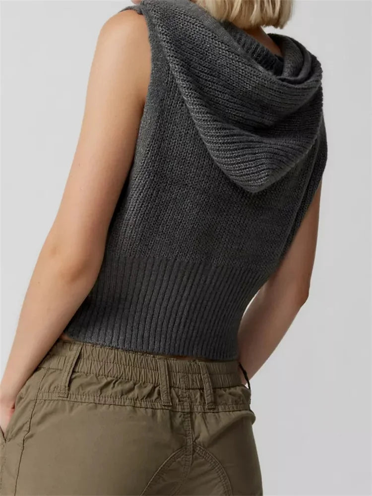 Fashion Knitted Hooded Sweater Vest Solid Color Front Zip Up Drawstring Sleeveless Cropped Streetwear Crop Top