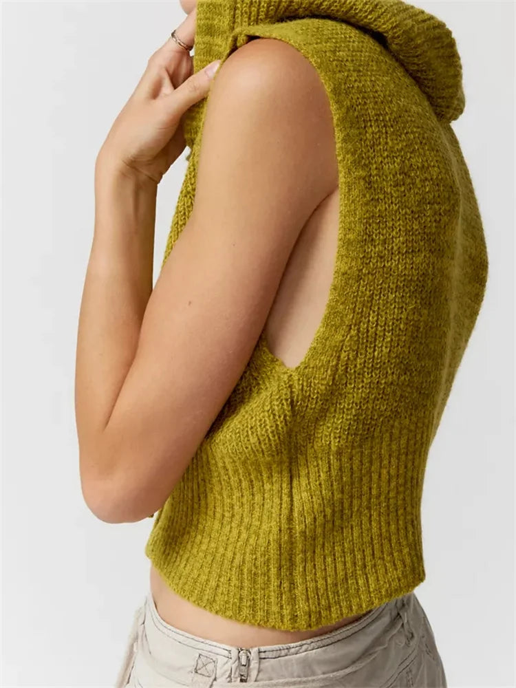 Fashion Knitted Hooded Sweater Vest Solid Color Front Zip Up Drawstring Sleeveless Cropped Streetwear Crop Top